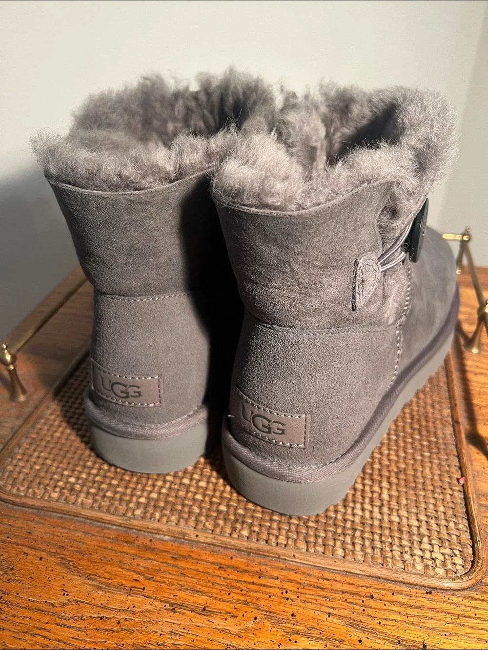 UGG Mini Bailey Button II Short Suede Boot with Shearling Trim in Gray.  NIB